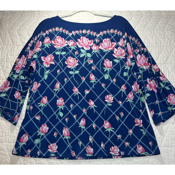 Bob Mackie Liquid Knit Top M Blue Slinky Floral 3/4 Flare Sleeves Resort Modest - Picture 7 of 7